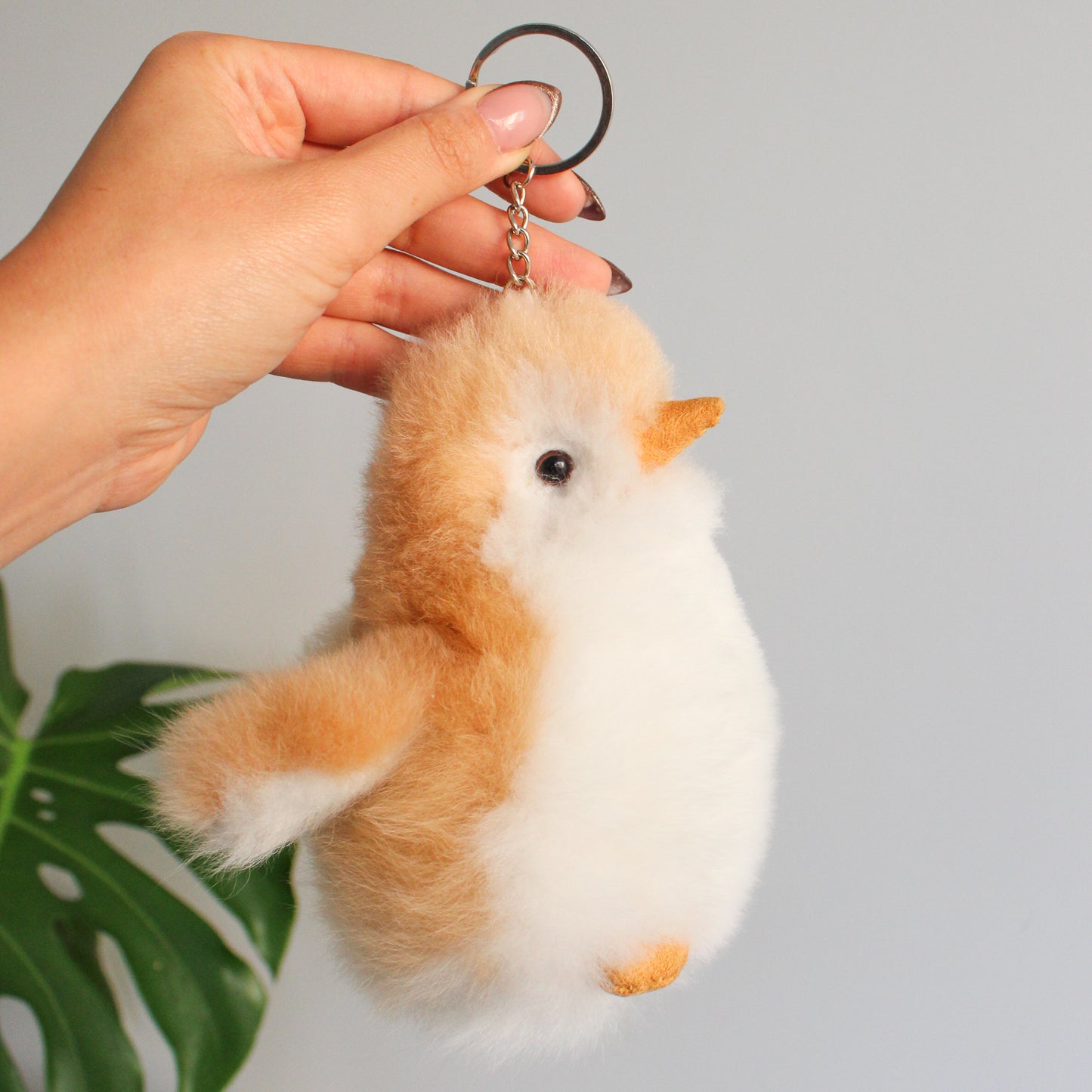 Penguin keychain beige black mini 100% alpaca fur