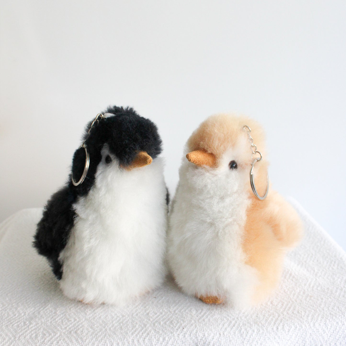 Penguin keychain beige black mini 100% alpaca fur