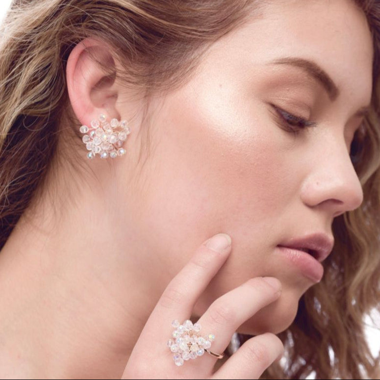 Gold handmade earrings. Handmade crochet beaded earrings, clear beads