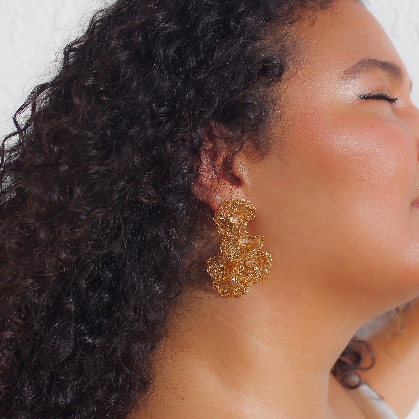 Wire Crochet Gold Shell Earrings - Lightweight Long  Wedding Guest Earrings - Statement Post & Clip Bohemian Earrings