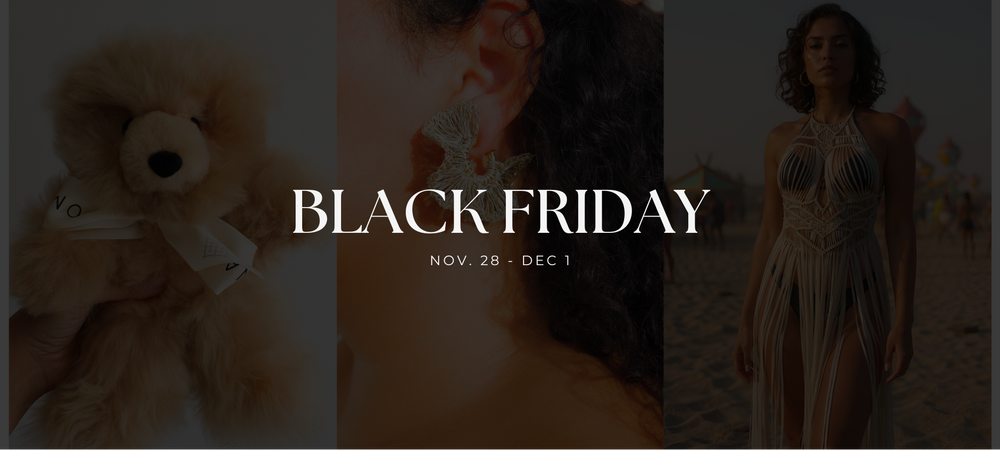 Black Friday promotional banner with images of a teddy bear, a person in a dress, and a person in a suit.