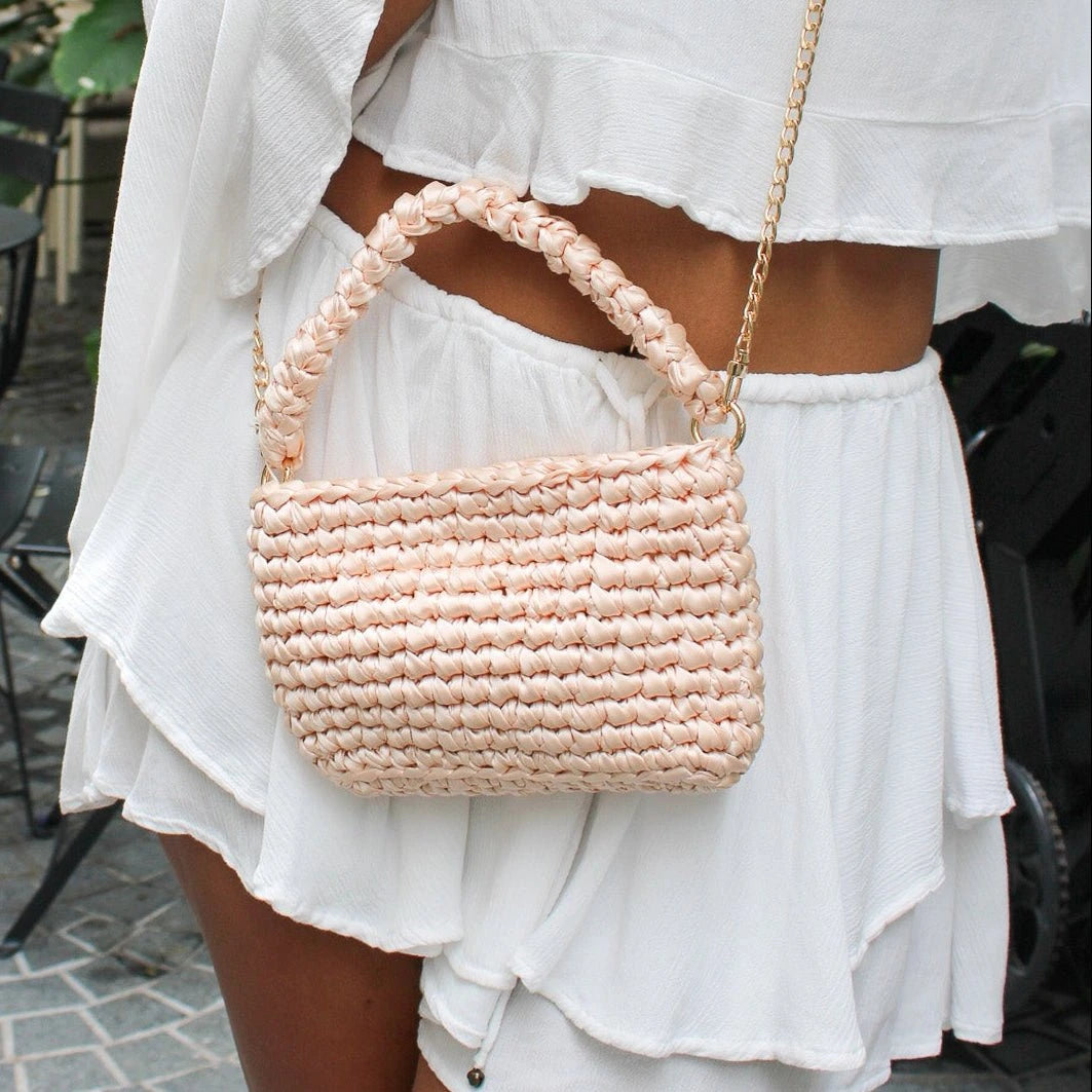 Handmade Stella crochet bag. Stylish crochet bah with top handle. Includes long gold chain strap for crossbody looks. Luxury bag fully lined.