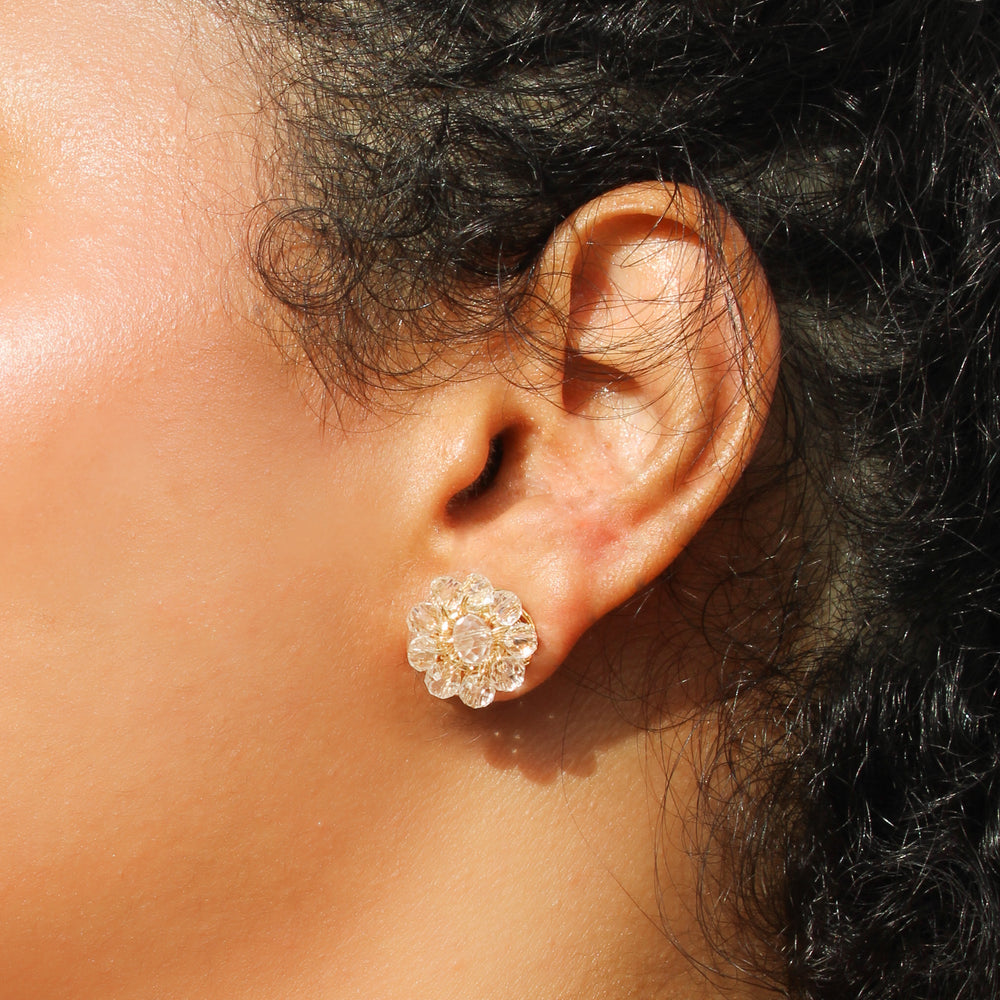 
                      
                        Clear crystal stud earrings. 18 karat gold filled copper wire crochet handmade earrings. Stud comfortable earrings day to day use
                      
                    