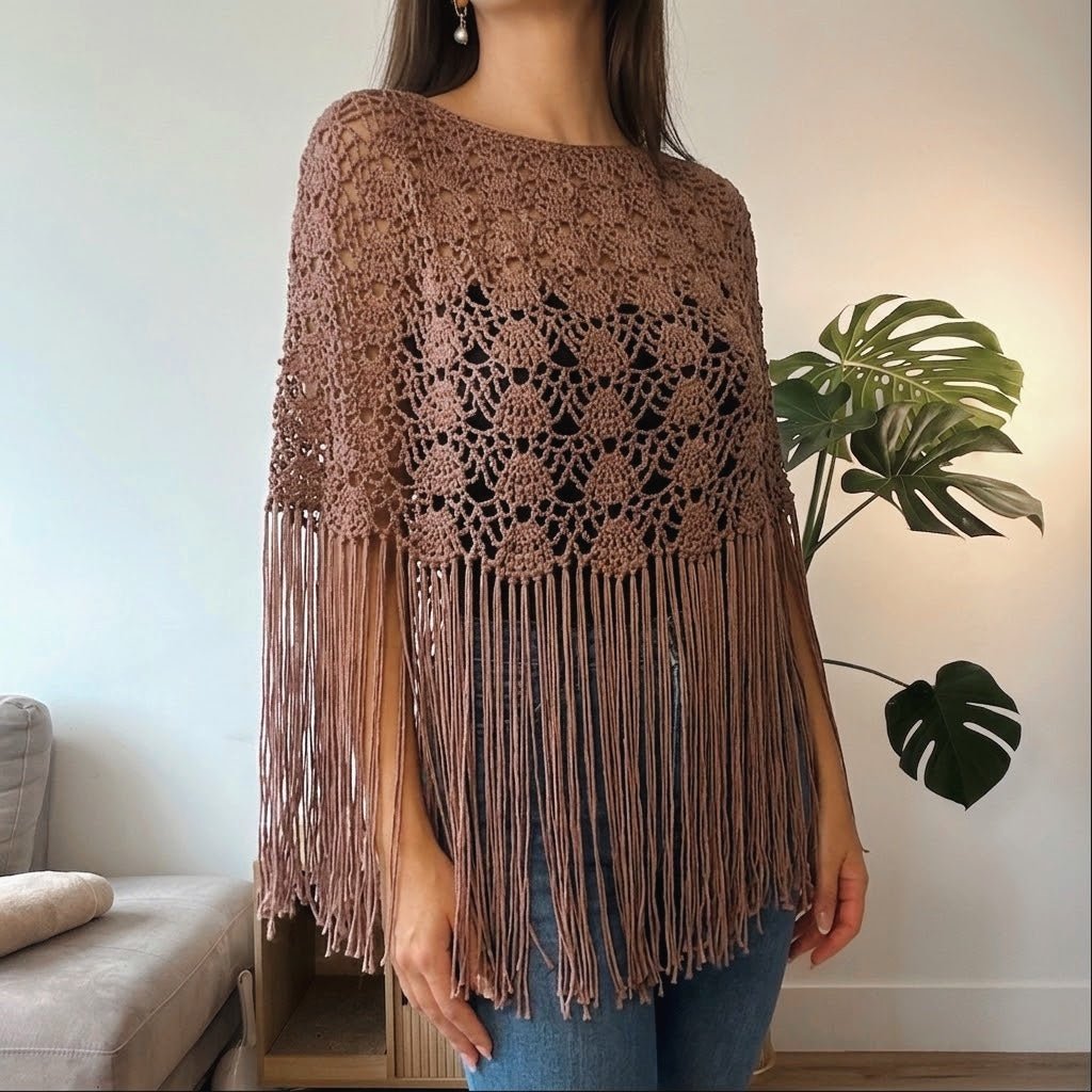 Handmade fringe crochet Poncho. Unique accessories for layering. Fringe detailed pattern poncho. 