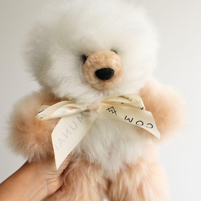 100% alpaca fur Teddy bear with a bow tie held by a hand against a light background
