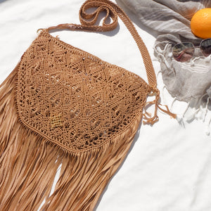 
            
                Load image into Gallery viewer, Light Brown Macrame crossbody bag with fringes. Includes lining and zipper. Handmade in Bolivia. Hand Wash and professional cleaning only. 100% Rayon
            
        