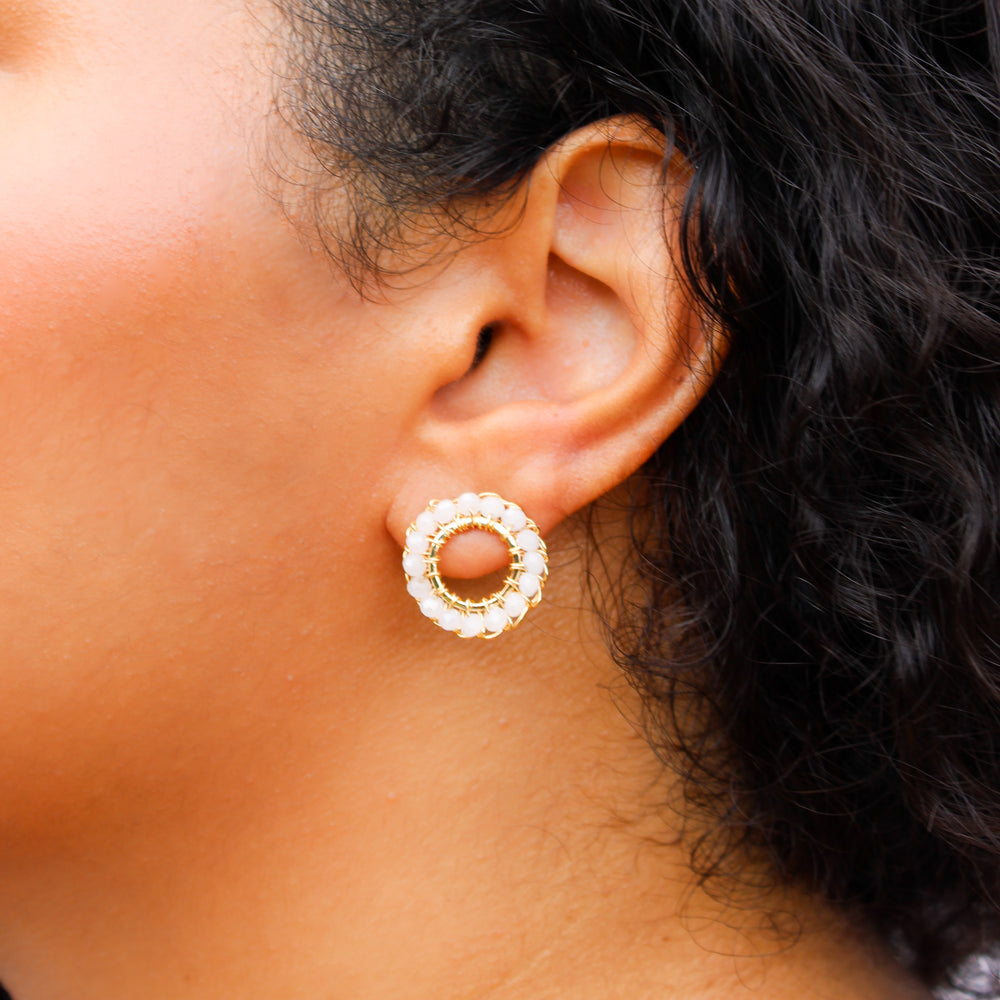 small circle crochet handmade earrings. 18 karat gold filled copper wire. Lightweight and delicate geometric earrings with white beads