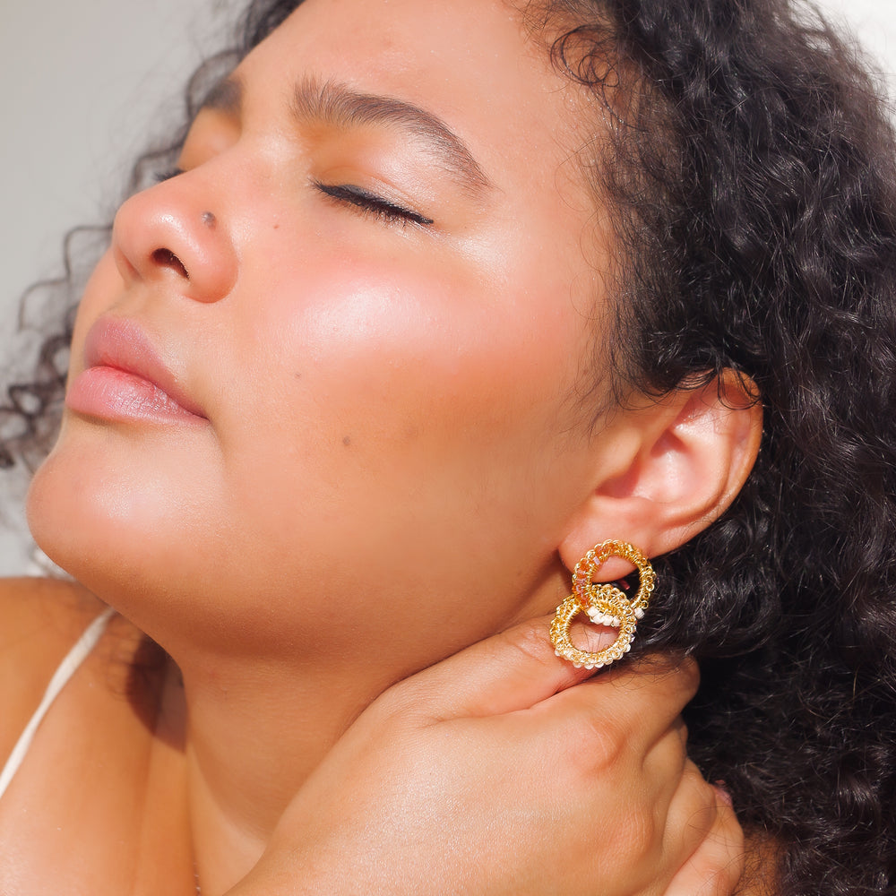 
                      
                        Crochet beaded geometric earrings. 18 karat gold filled copper wire. Super lightweight earrings with colored beads
                      
                    