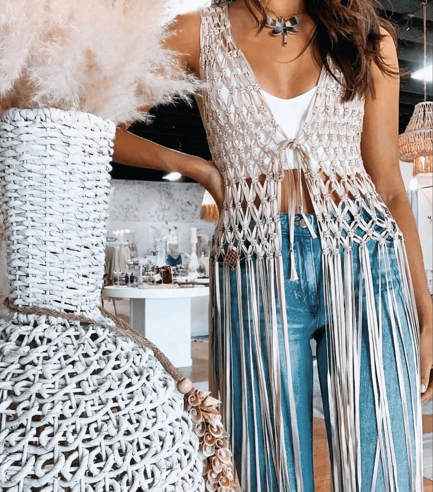Andreina Macrame Vest, Fringe Beach Cover Up, Layering Piece – Munai