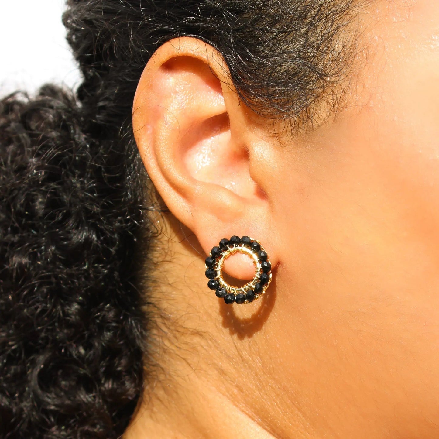 Artisan Crochet Circle Stud Earrings - 18k Gold Filled & Black Beads - Munai