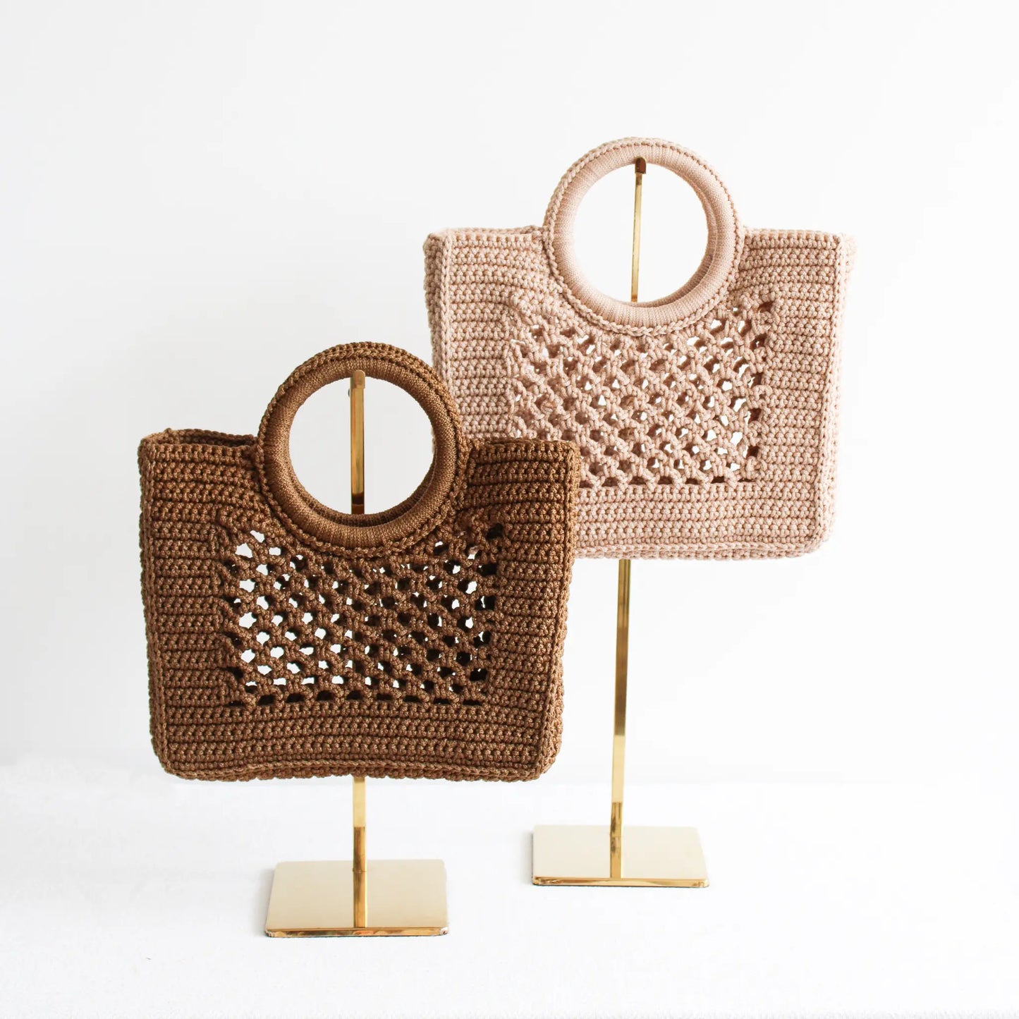 Handmade square crochet tote bags. Unique crochet woven structured tote bags with open work pattern in the center. Handmade boho chic accessories. 
