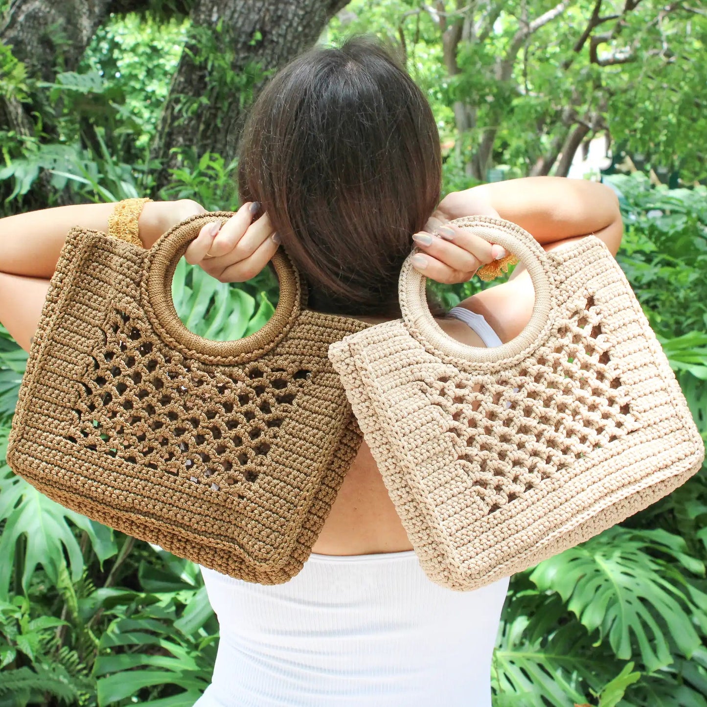 Handmade square crochet tote bags. Unique crochet woven structured tote bags with open work pattern in the center. Handmade boho chic accessories. 