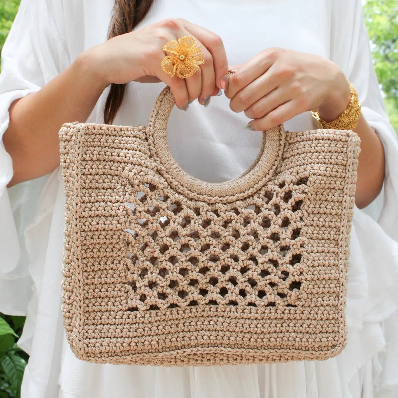 Handmade square crochet tote bags. Unique crochet woven structured tote bags with open work pattern in the center. Handmade boho chic accessories. 