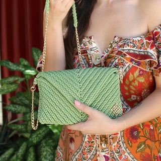 Boho Crochet Envelope Clutch – Crossbody Handbag with Gold Chain - Munai