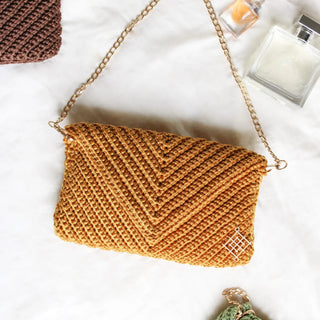 Boho Crochet Envelope Clutch – Crossbody Handbag with Gold Chain - Munai