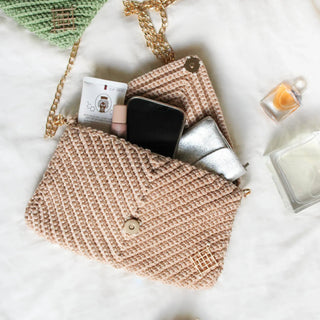 Boho Crochet Envelope Clutch – Crossbody Handbag with Gold Chain - Munai