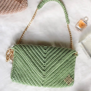 Boho Crochet Envelope Clutch – Crossbody Handbag with Gold Chain - Munai