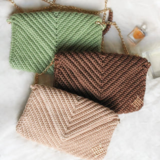 Boho Crochet Envelope Clutch – Crossbody Handbag with Gold Chain - Munai