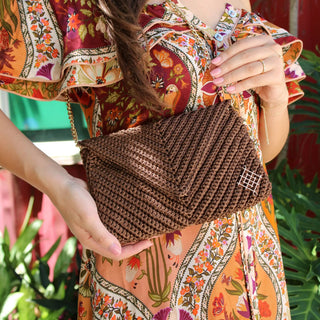 Boho Crochet Envelope Clutch – Crossbody Handbag with Gold Chain - Munai