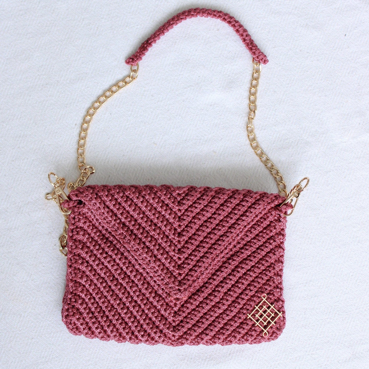 Boho Crochet Envelope Clutch – Crossbody Handbag with Gold Chain - Dusty Pink crochet envelope bag