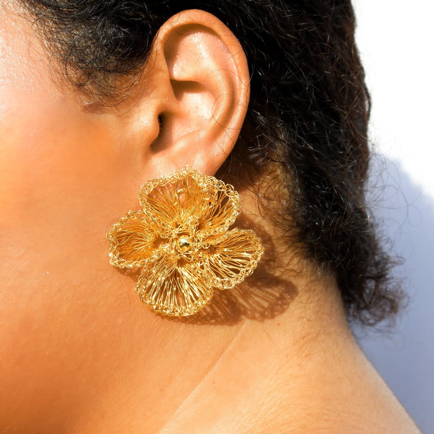 Flora 18k Gold Hand - Crocheted Crystal Flower Statement Earrings - Munai