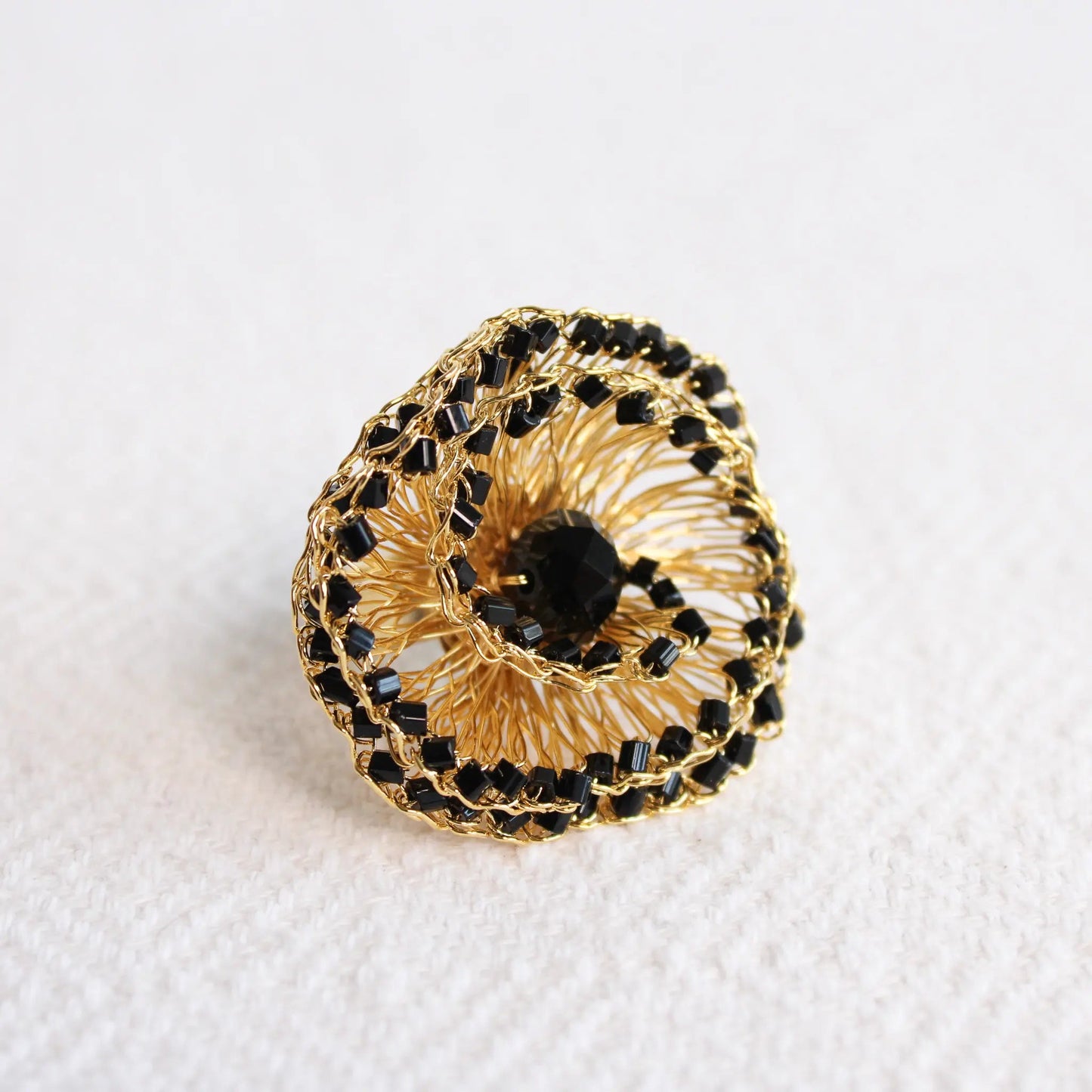 Gold & Black Flower Statement Ring | Adjustable Artisan Flower Ring - Munai