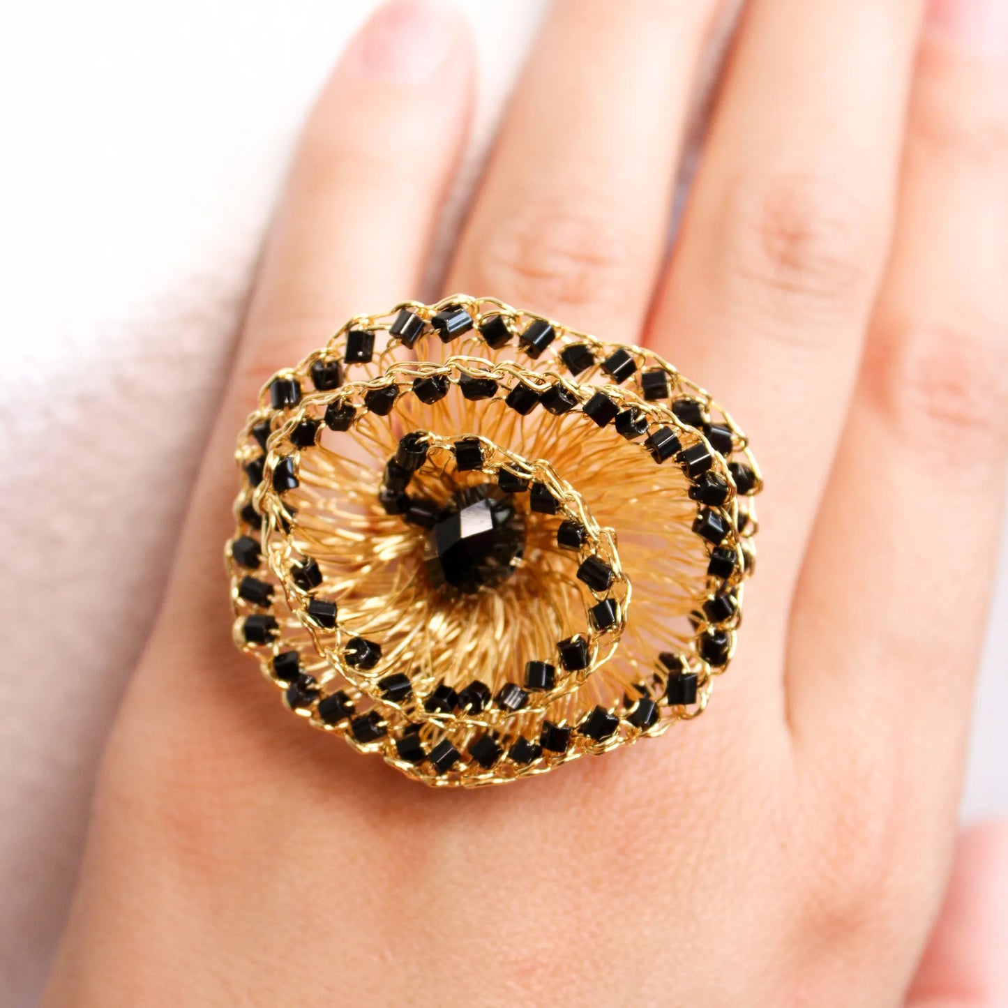 Gold & Black Flower Statement Ring | Adjustable Artisan Flower Ring - Munai