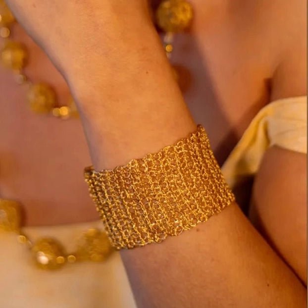 Gold Mesh Wire Crochet Bracelet – 2” Wide Cuff - Munai