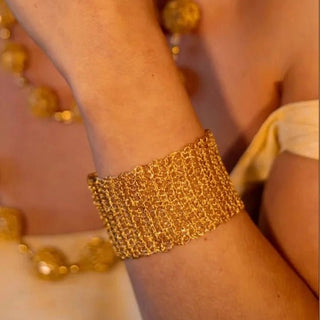 Gold Mesh Wire Crochet Bracelet – 2” Wide Cuff - Munai