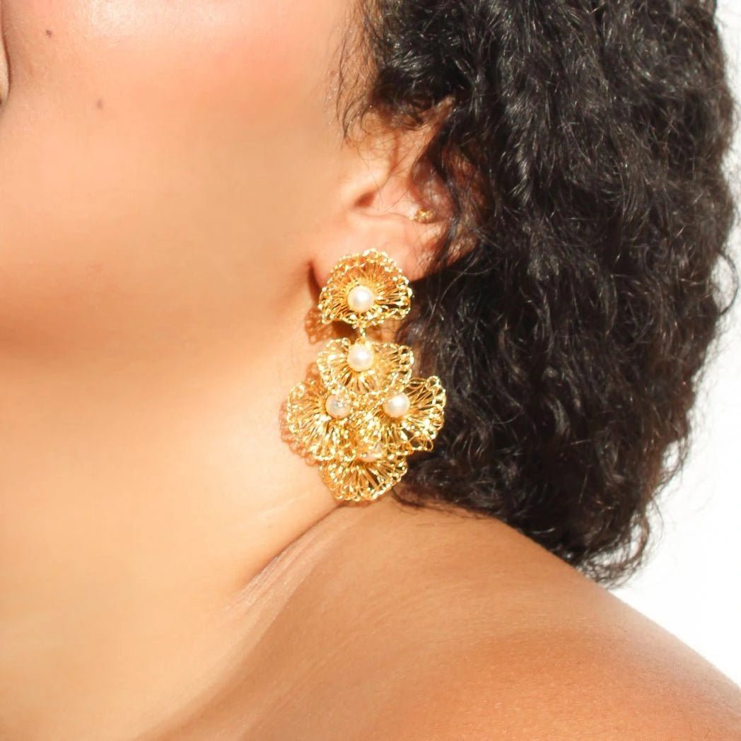 Gold Wire & Pearl Shell Crochet Statement Earrings - Munai