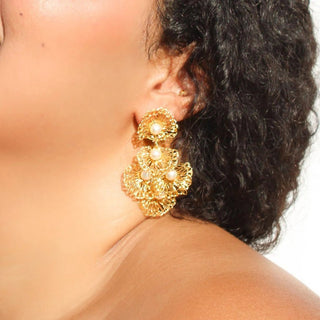 Gold Wire & Pearl Shell Crochet Statement Earrings - Munai