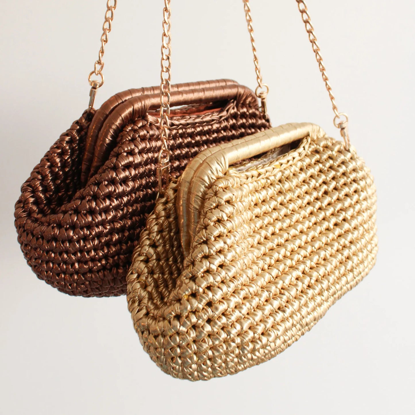 Metallic crochet Luxury Handbags - Crocheted fully lined clutches with built in handles and detachable gold chain for crossbody wear. Unique crochet handbag. metallic purse