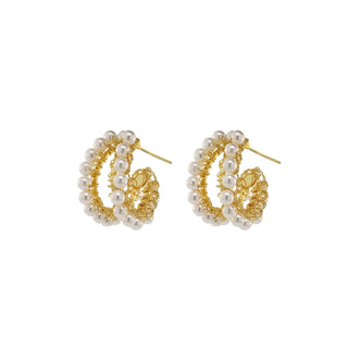 Hand - Crocheted Double Pearl Hoop Earrings - 18K Gold Filled - Munai