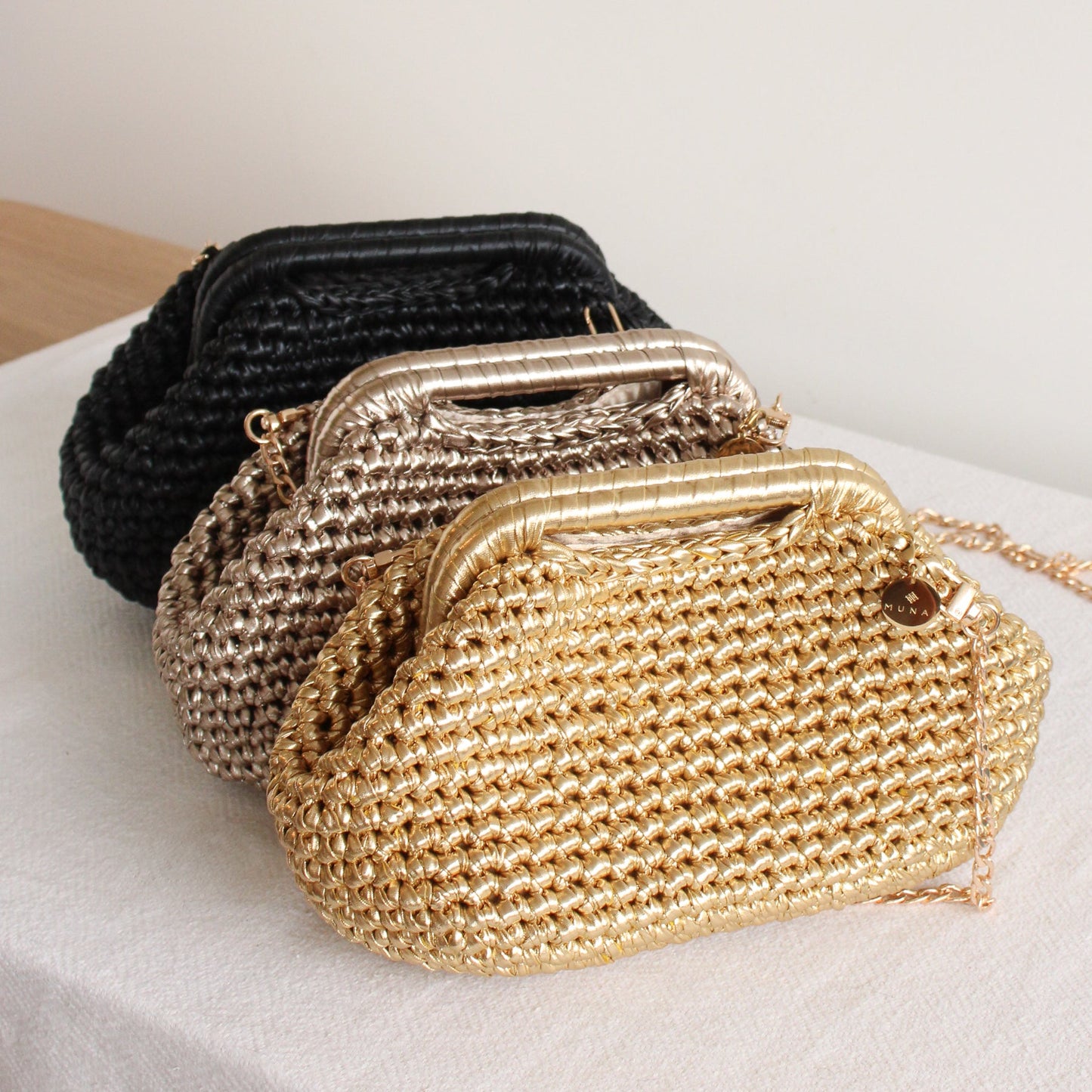 Handmade Metallic Crochet Clutch – Luxury Evening Crossbody Bag - Munai