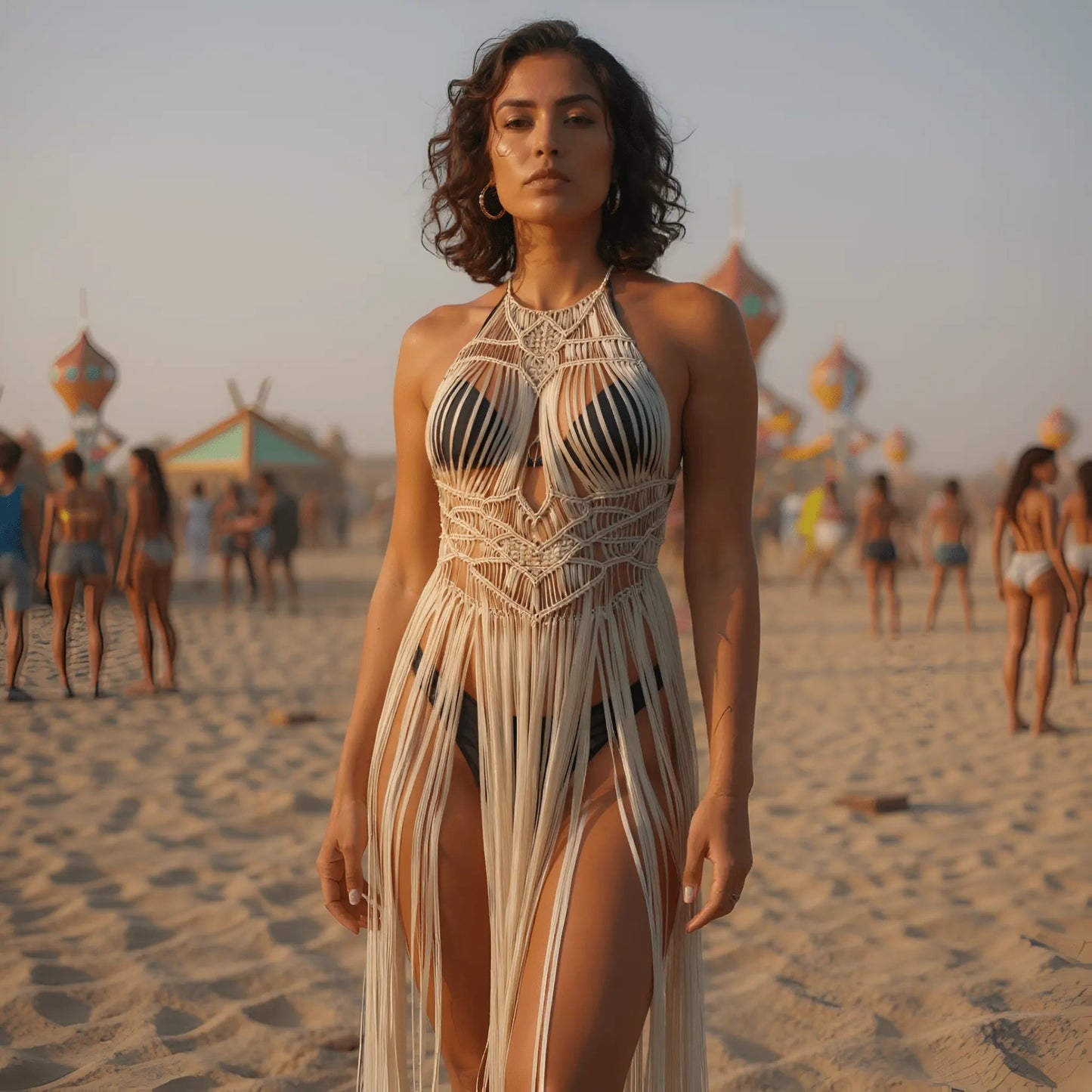 Luna Macrame Fringe Dress - beach cover up / layering dress - Munai