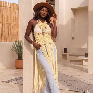 Luna Macrame Fringe Dress - Resort Cover Up / Layering Dress - Munai