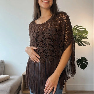 Handmade fringe crochet Poncho. Unique accessories for layering. Fringe detailed pattern poncho. 