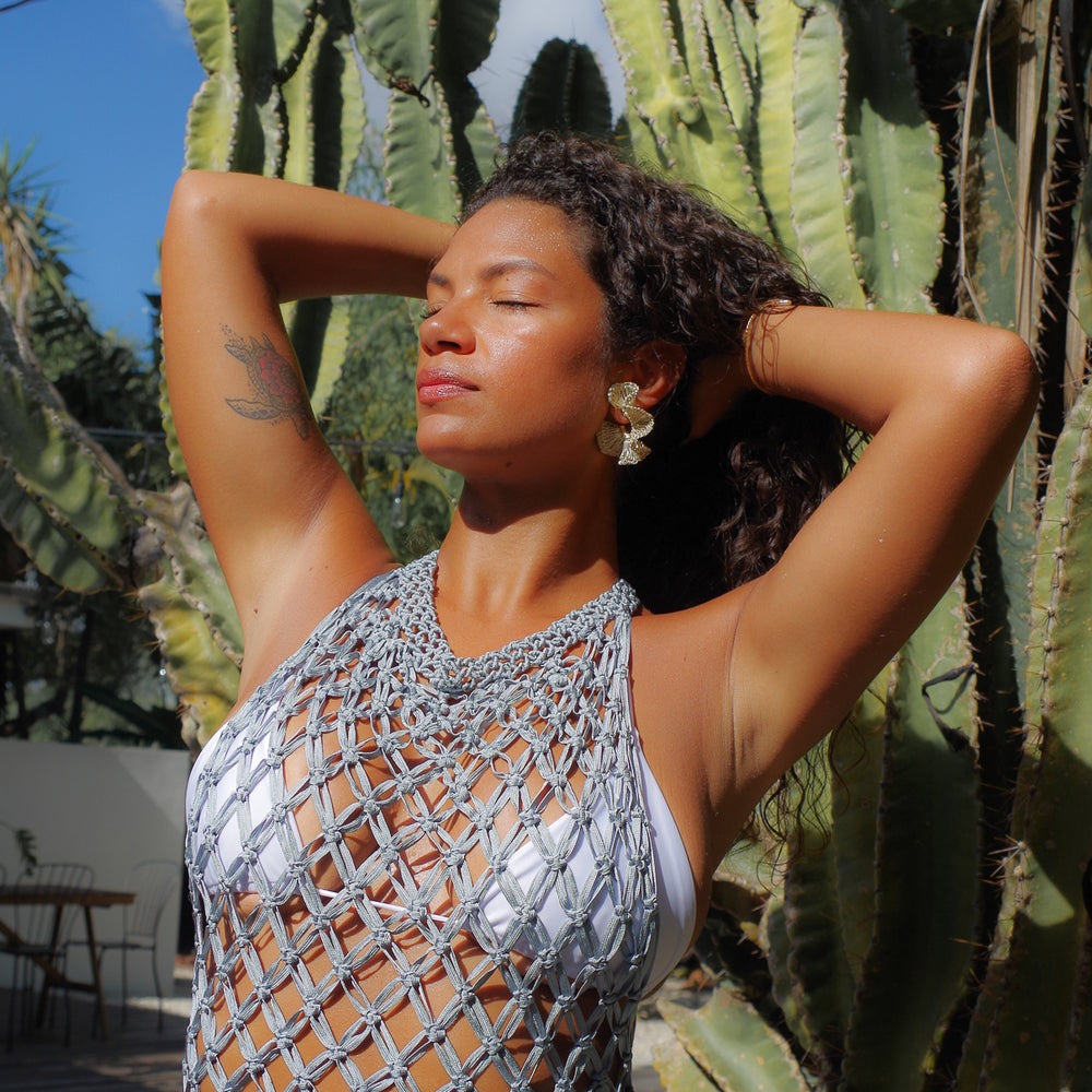 
                      
                        Festival Clothing, Goddess Dress, Beach Vacation Cover Up metallic macrame handmade dress
                      
                    