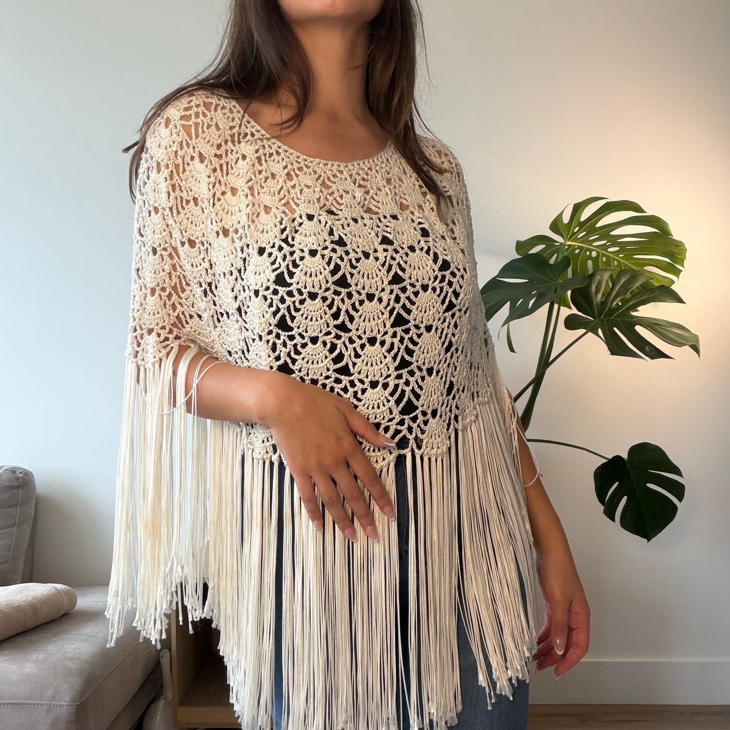 Handmade fringe crochet Poncho. Unique accessories for layering. Fringe detailed pattern poncho. 