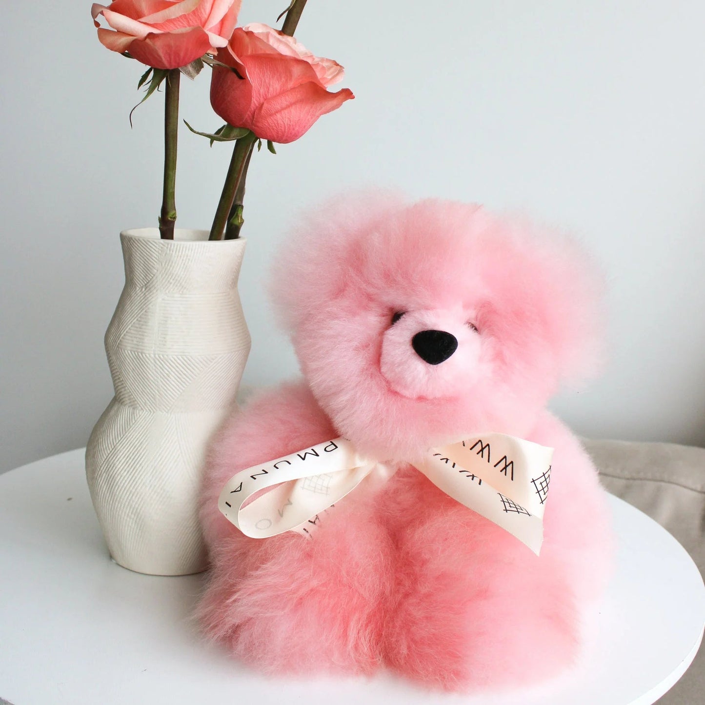 Alpaca fur fluffy pink teddy bear - Adorable and ultra soft ethically sourced light pink teddy bear plushie - pink stuffed animal