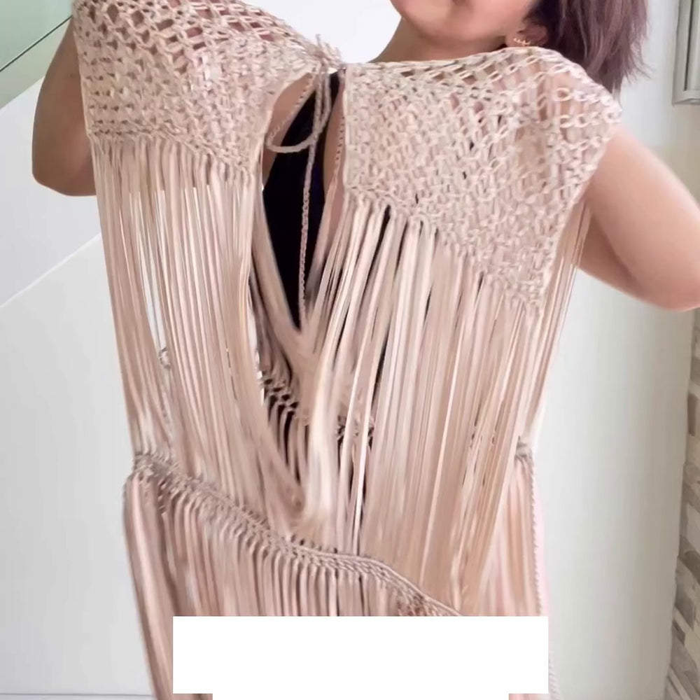 
                      
                        Load and play video in Gallery viewer, Beige macrame dress for festival or beach vacation. Wrap tie closure at shoulders and waist. Care instructions: Steam to straighten any wrinkles. Ethically made by Bolivian Artisans. 100% Rayon. Colors available: Beige, Black, Gold.
                      
                    