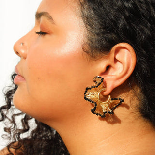Rio 18K Gold Filled Crochet Hoop Earrings | Black Beaded Ruffled hoops - Munai
