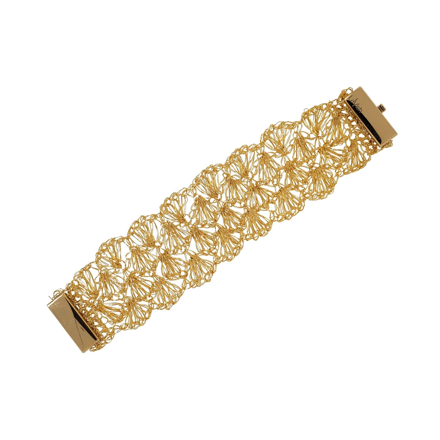 Thick Gold Shell Crochet Statement Bracelet – 1.5” Wide Cuff - Munai