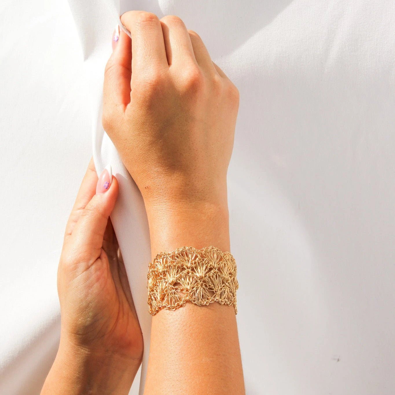 Thick Gold Shell Crochet Statement Bracelet – 1.5” Wide Cuff - Munai