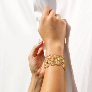 Thick Gold Shell Crochet Statement Bracelet – 1.5” Wide Cuff - Munai