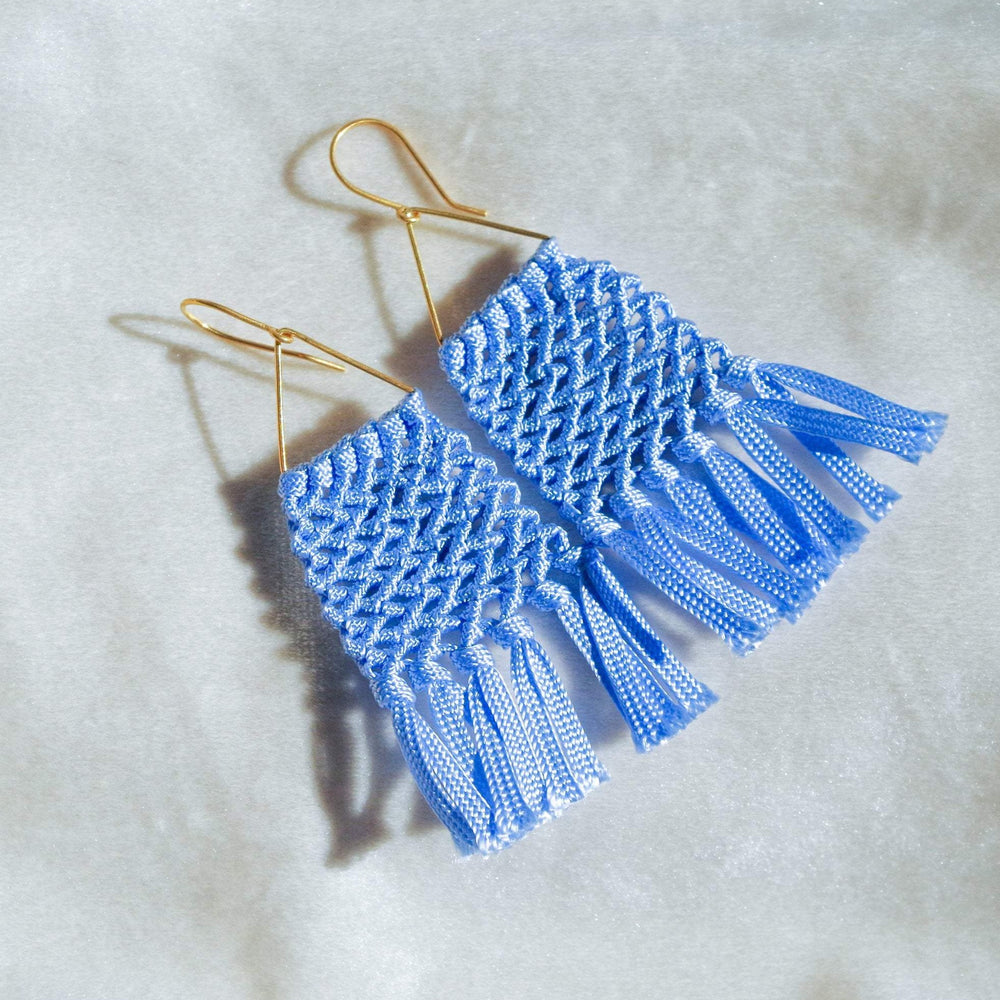 
                      
                        Macrame earrings with fringe. Gold plated hook earrings won’t cause any allergies nor rust with time. Baby blue handmade macrame earrings
                      
                    