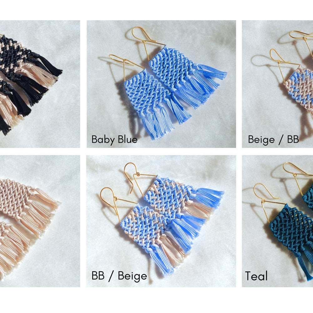 
                      
                        Colored Macrame earrings with fringe. Gold plated hook earrings won’t cause any allergies nor rust with time. Beige black baby blue teal handmade macrame earrings
                      
                    