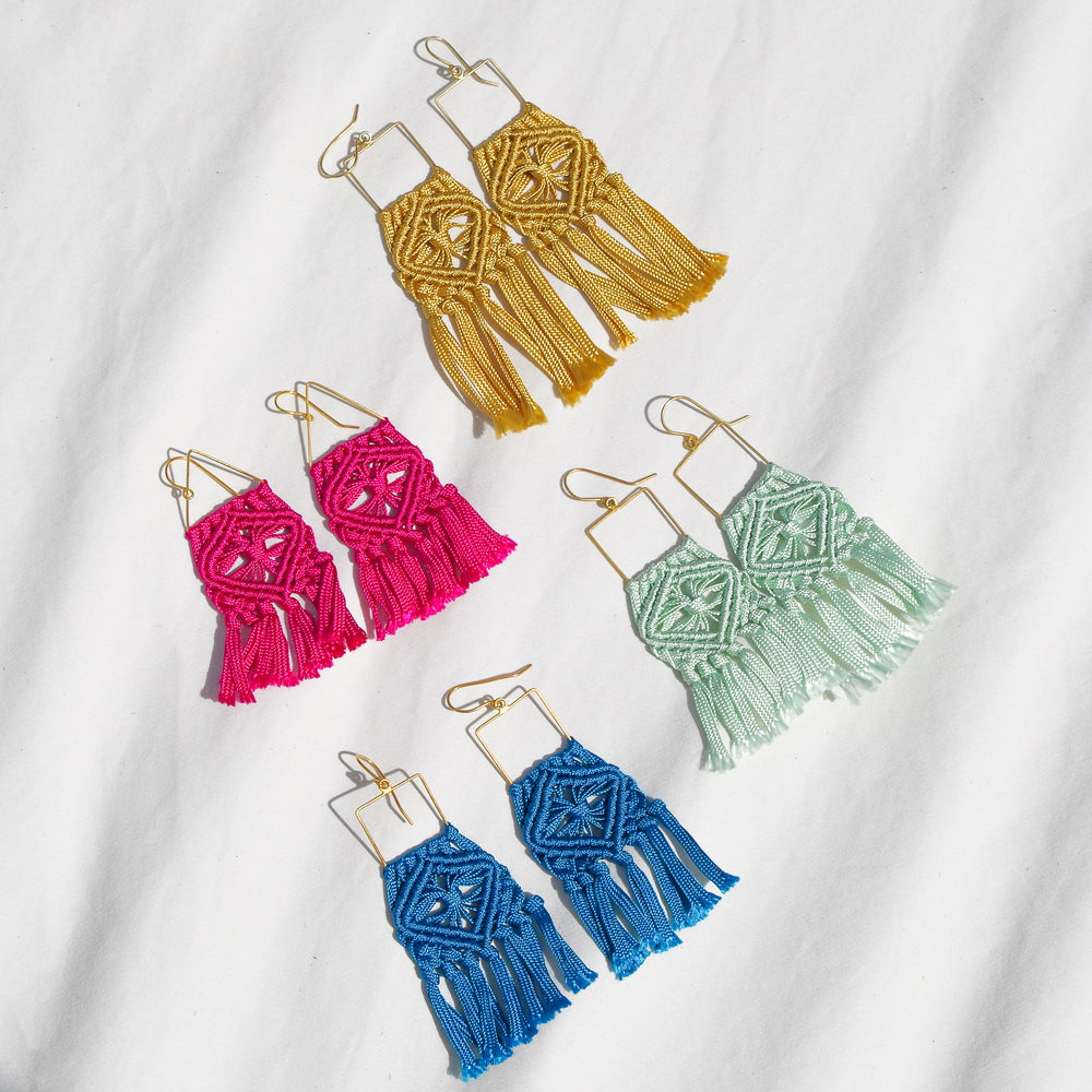 
                      
                        Macrame flower pattern earrings. Gold plated hook earrings won’t cause any allergies nor rust with time. Handmade colorful macrame long earrings
                      
                    