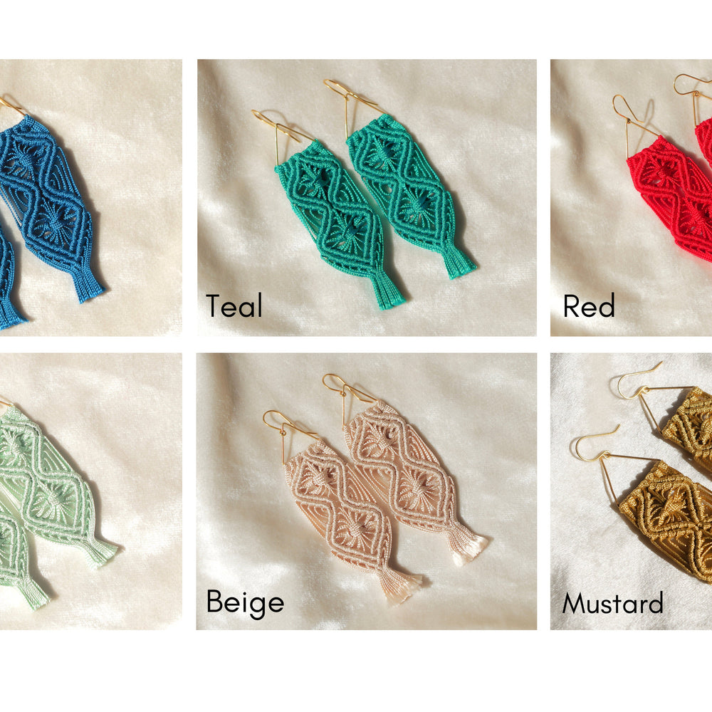 
                      
                        Macrame flower pattern earrings. Gold plated hook earrings won’t cause any allergies nor rust with time. Handmade colorful macrame long earrings
                      
                    