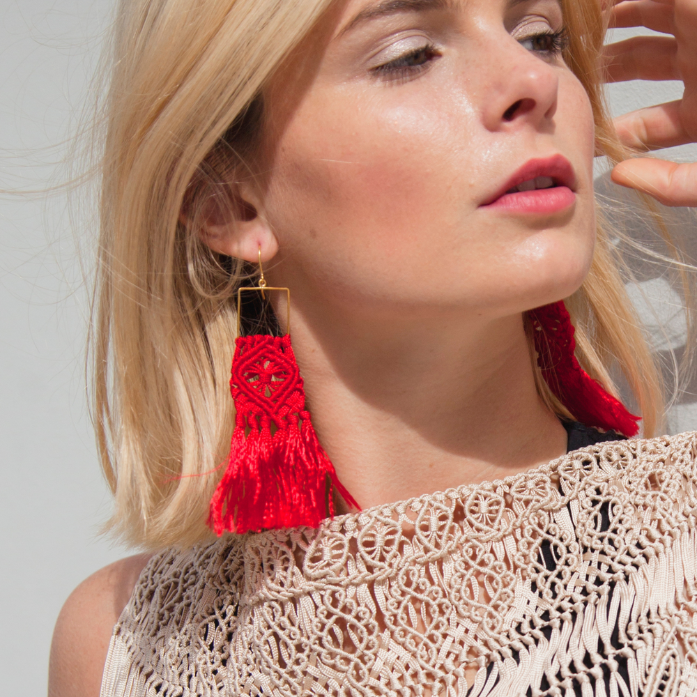 
                      
                        Macrame flower pattern earrings. Gold plated hook earrings won’t cause any allergies nor rust with time. Handmade colorful macrame long earrings
                      
                    